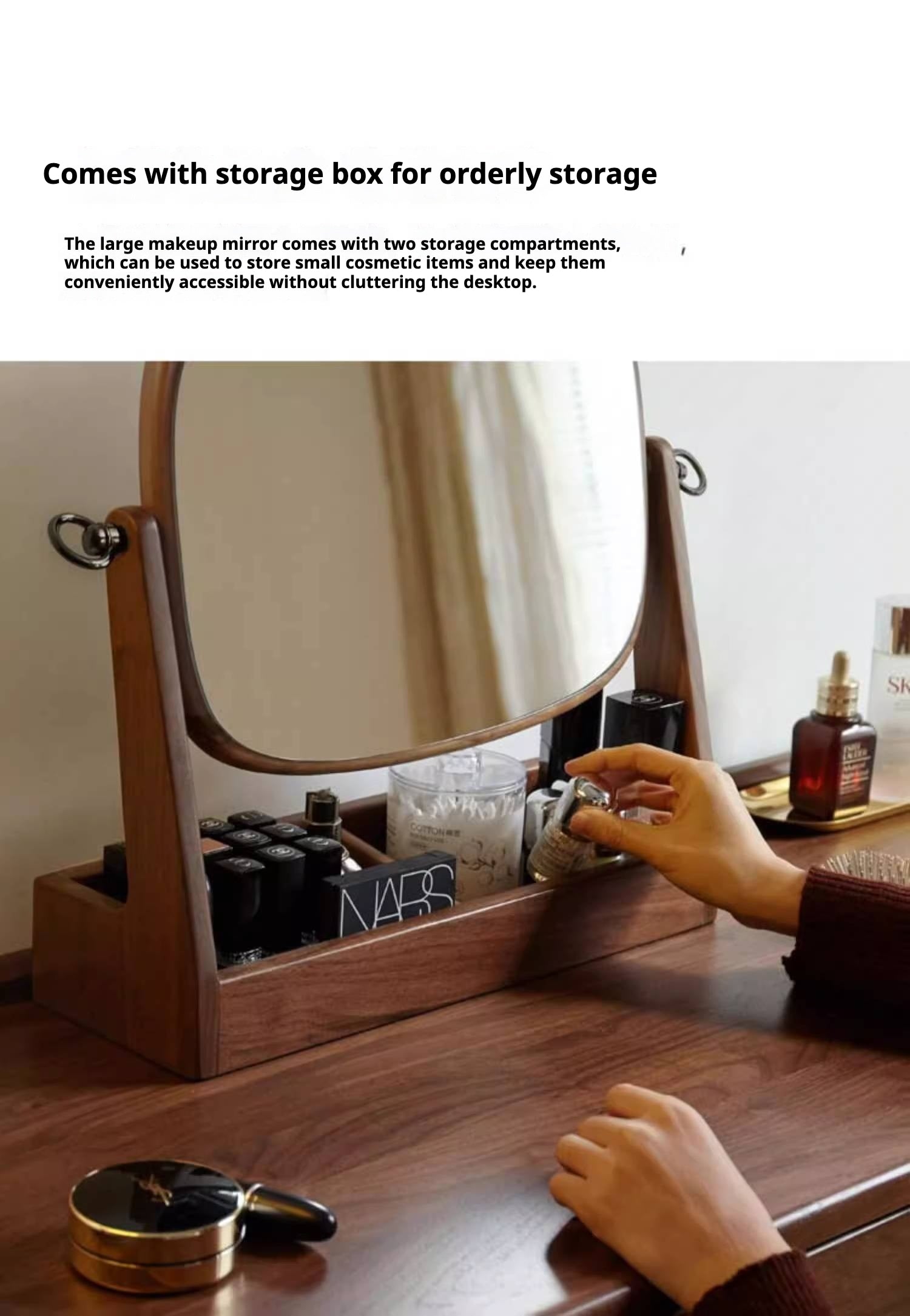 Black walnut solid wood makeup mirror storage box degree rotation