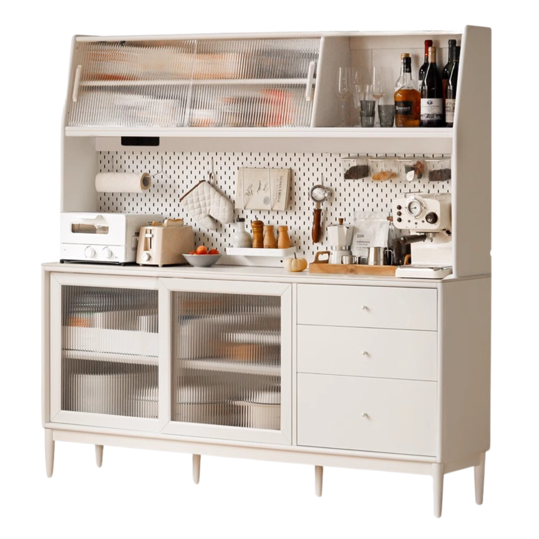 Solid RubberWood Dining Sideboard Cream Style Against The Wall Integrated