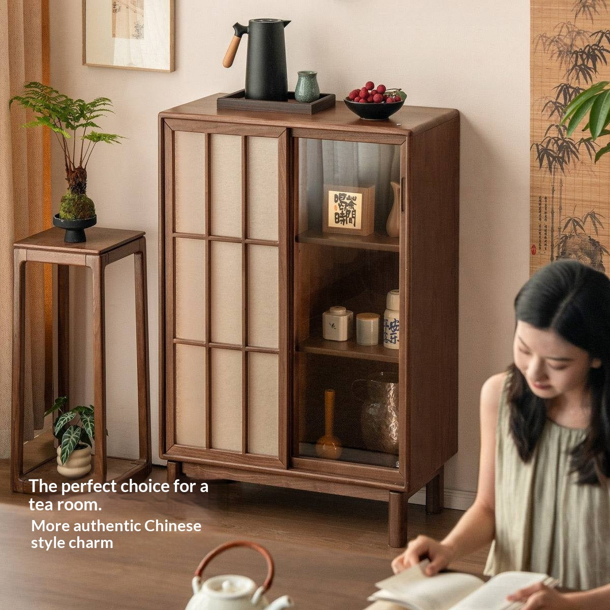 Black Walnut Solid Wood Sliding Door Side Cabinet