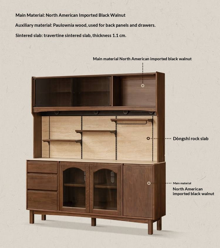 Black Walnut Solid Wood Buffet Cabinet with Retro Style and Rock Board Surface