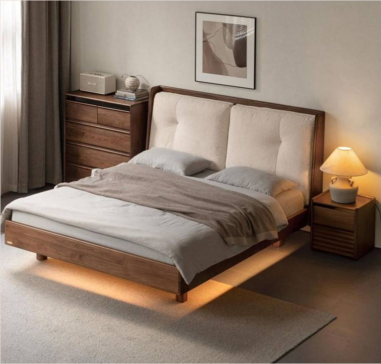 Black Walnut Solid Wood Italian Light Luxury Genuine Leather Soft Bed