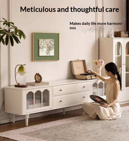Solid Rubberwood TV Cabinet French Cream Style and Integrated Storage