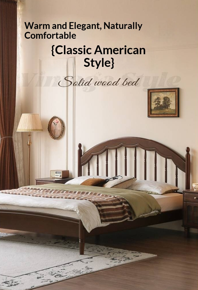 Poplar Solid Wood Bed — American Windsor Style with Retro Vertical Strip Design