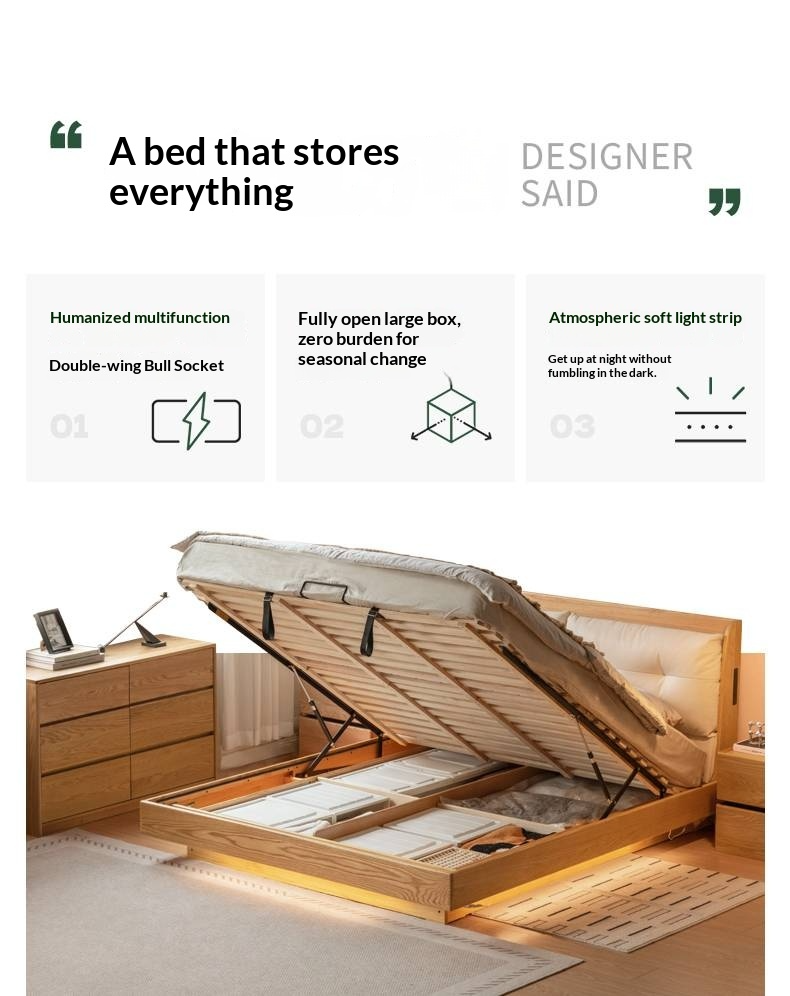 Oak Solid Wood Modern Leather Storage Bed, LED Lighting and USB Charging