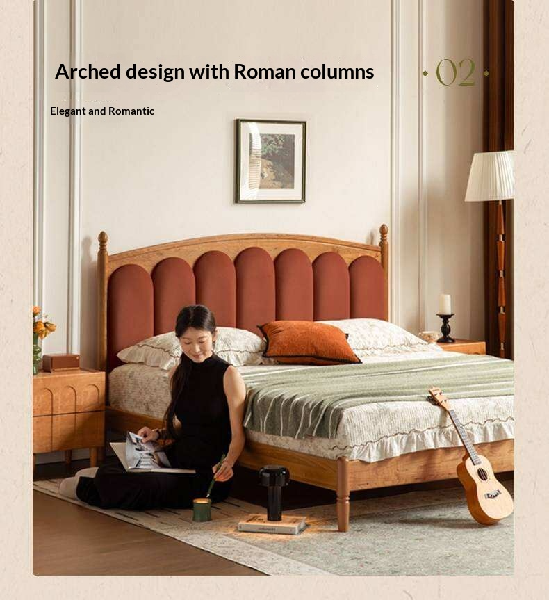 Cherry Solid Wood Genuine Leather, Velvet French-Inspired Scalloped Headboard Bed