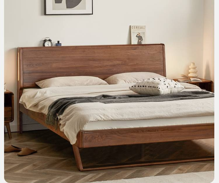Black Walnut Solid Wood suspended bed with Ambient LED Headboard Lighting
