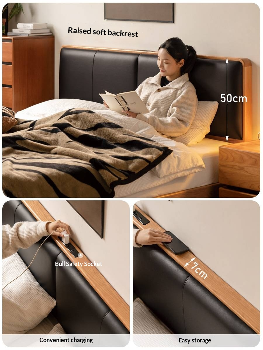 Cherry Solid Wood Bed with Top Layer Cowhide Soft Headboard Retro Style