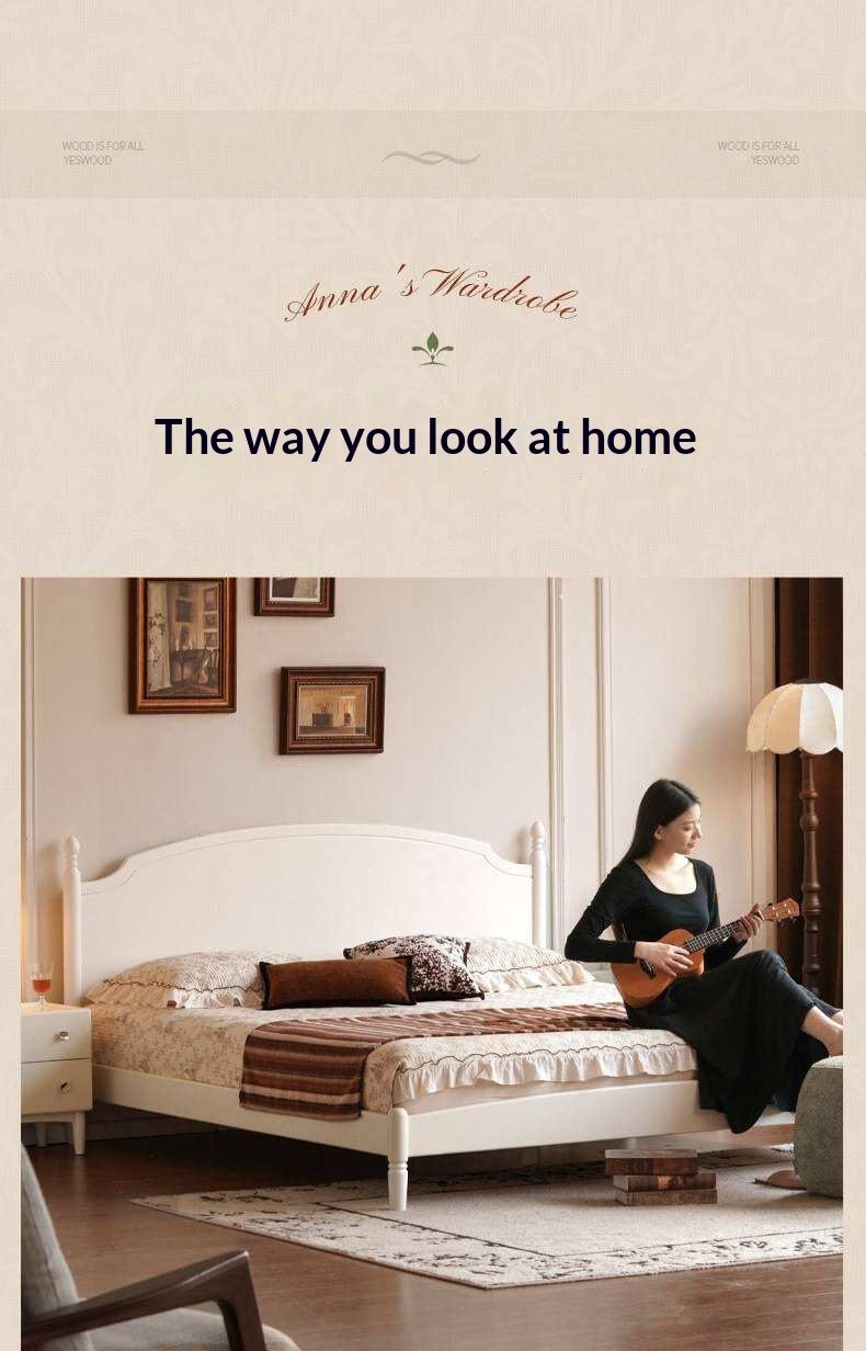 Rubberwood Solid Wood French Style Bed with White Curved Headboard and Elegant Retro Frame