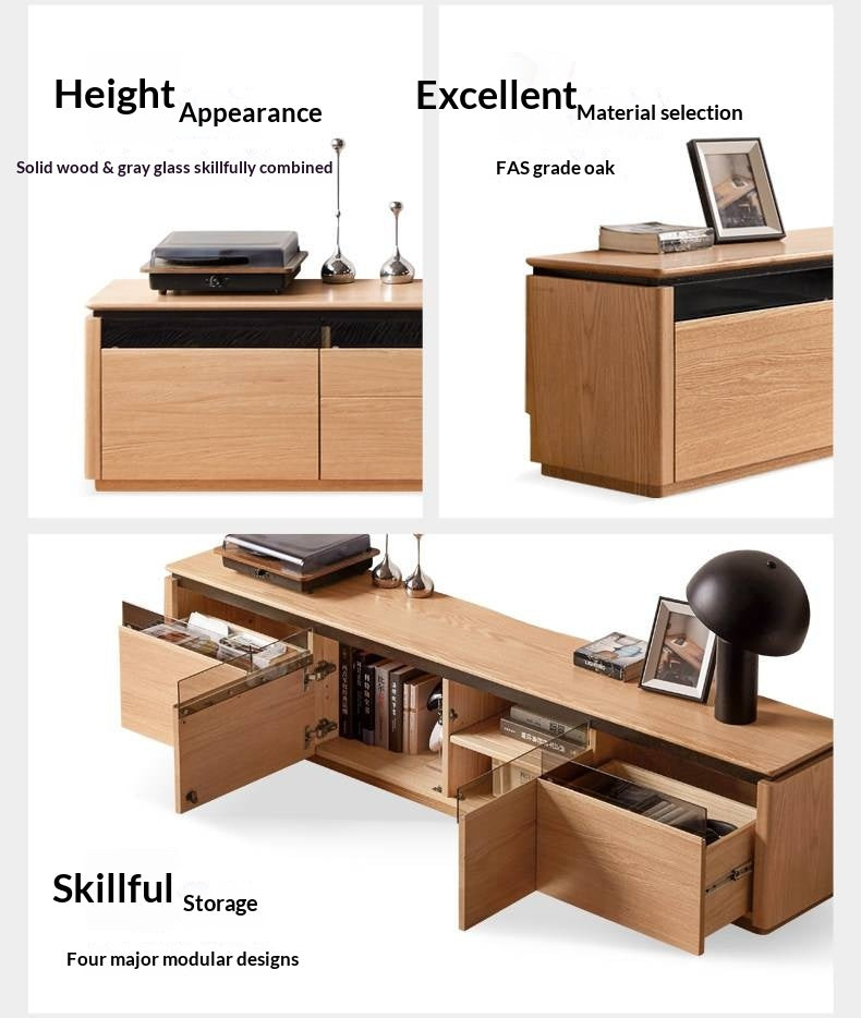 Oak Solid Wood TV Stand with Modern Minimalist Storage Design.