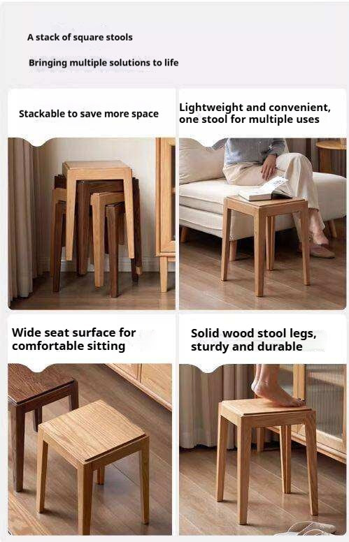 2pcs - Beech, Oak, Ash, Cherry Solid Wood, Solid RubberWood Foldable Nordic Square Stool