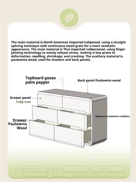 Tulipwood, Solid Rubberwood Storage Cream Drawer Dresser