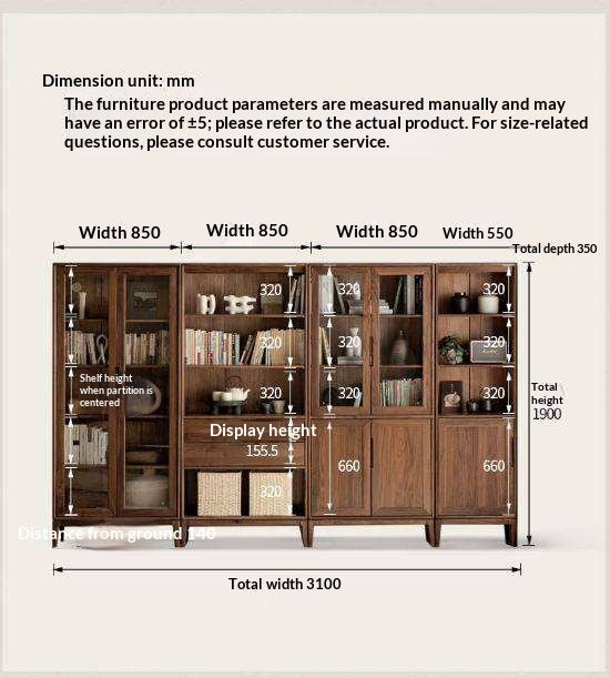 Black Walnut, Ash Solid Wood Combination Dust-Proof Glass Door Bookshelf