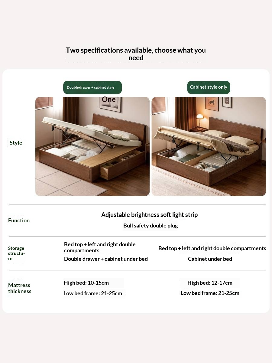 Oak, Rubberwood Solid Wood, Multifunctional Storage Box Bed