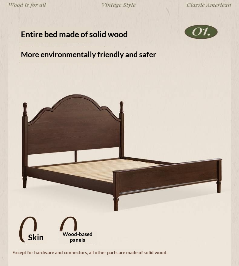 Ash Solid Wood Bed — American Retro Style