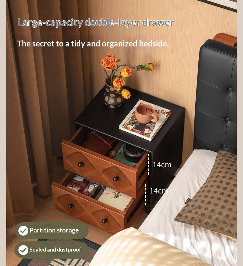 Solid RubberWood Nightstand Mid Century Two-Drawer Storage Cabinet