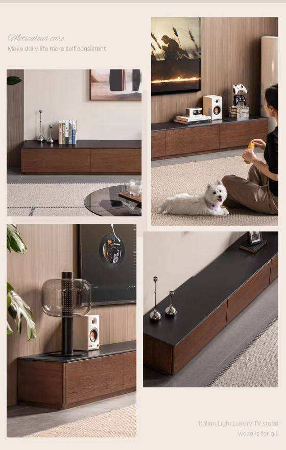 Catalpa Solid Wood TV Cabinet with Storage Drawers, Media Console with Slate Top