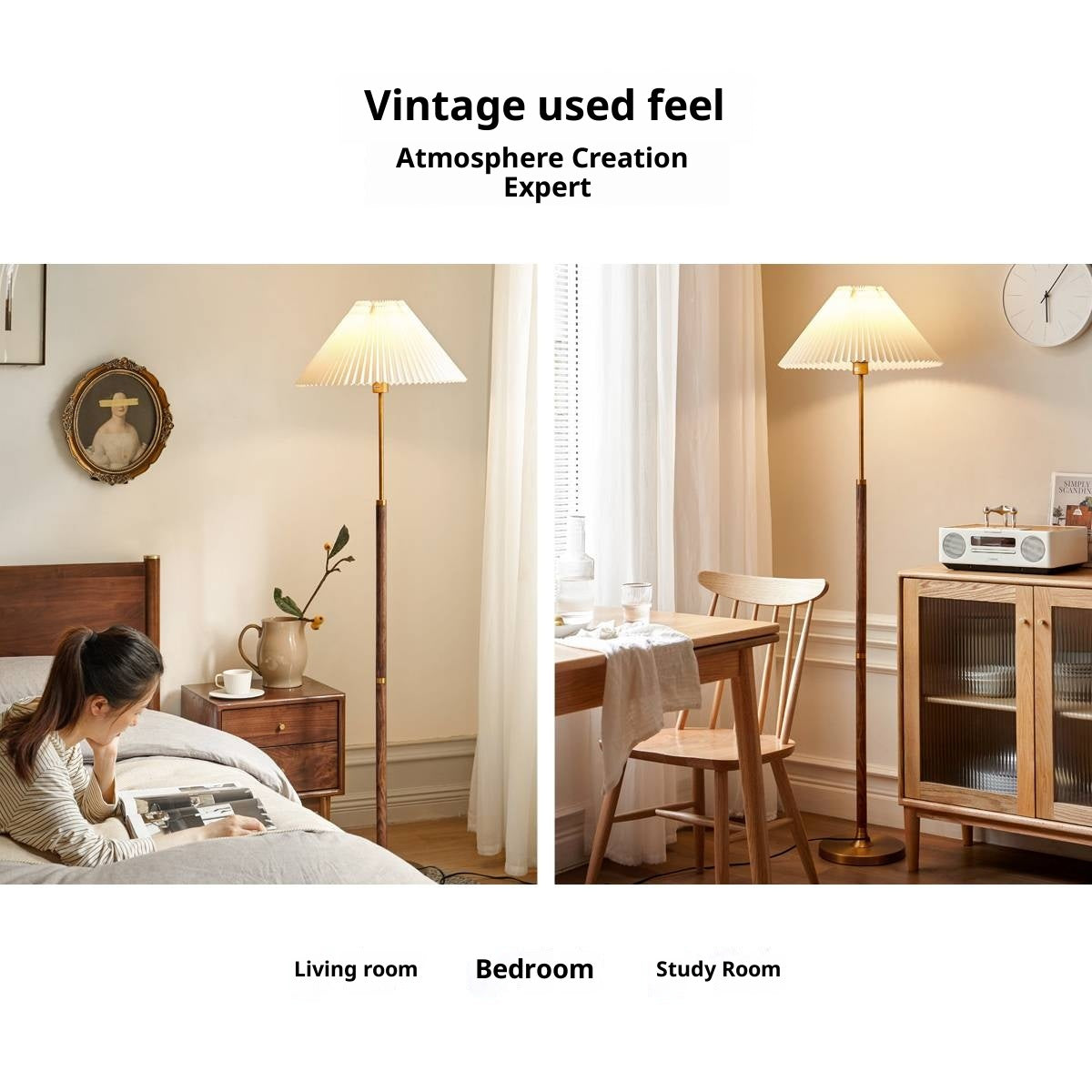 Ash Solid Wood Antique Floor Lamp With A Metal Base