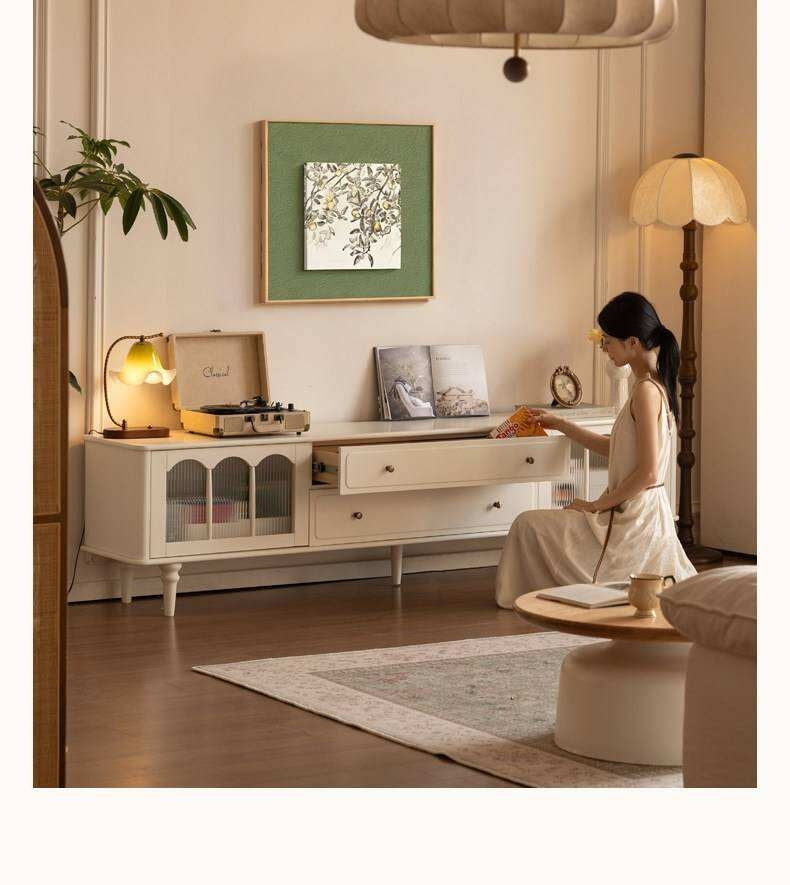 Solid Rubberwood TV Cabinet French Cream Style and Integrated Storage