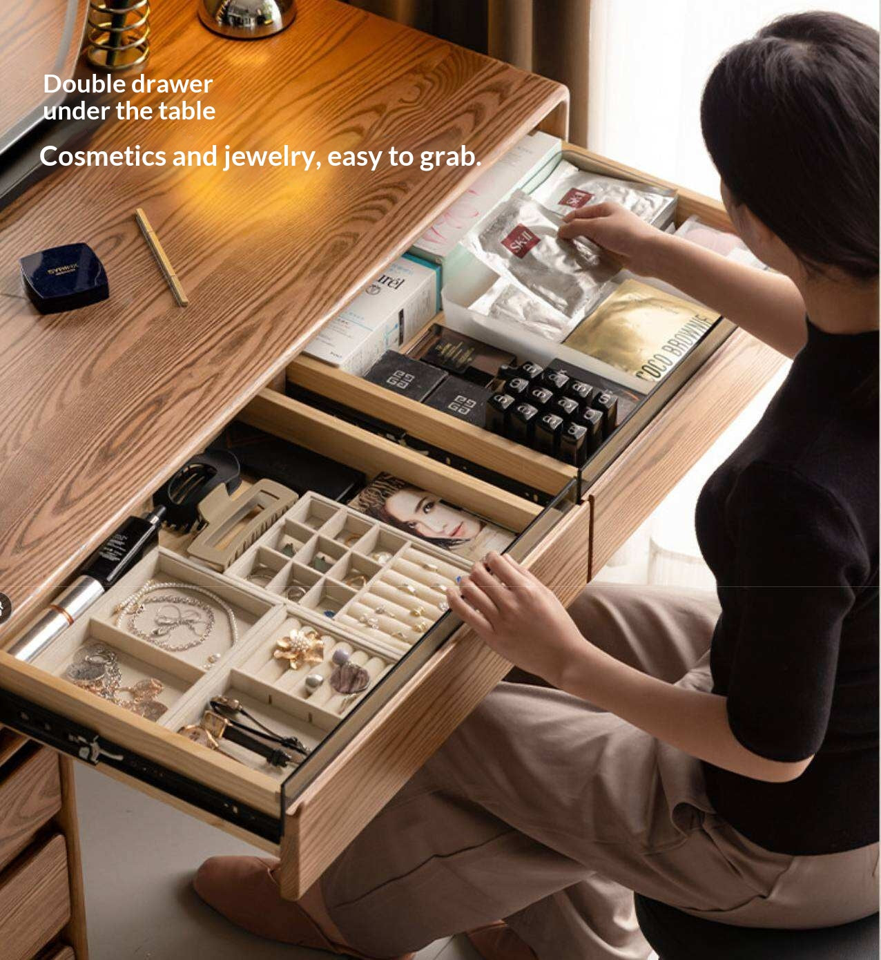 Ash Solid Wood Modern Vanity Table with Extendable Feature