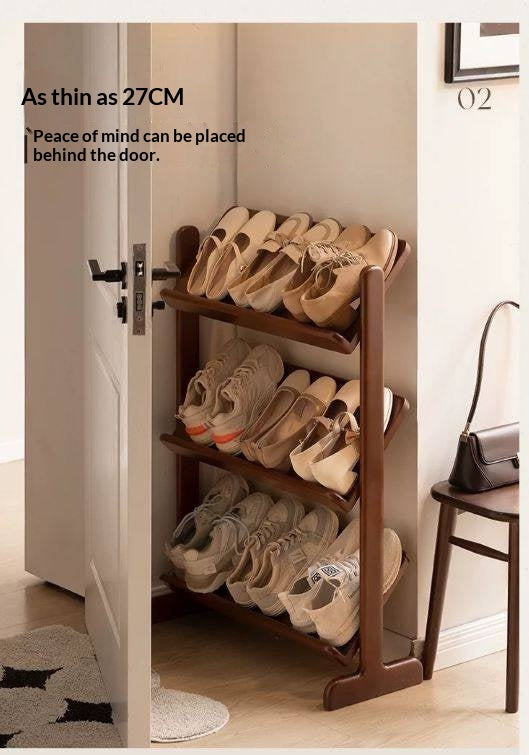 Beech Solid Wood Slim Shoe Rack with Tiered Shelves