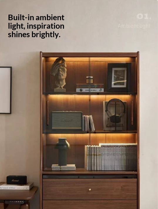 Black Walnut Solid Wood Bookcase with Interior Lighting
