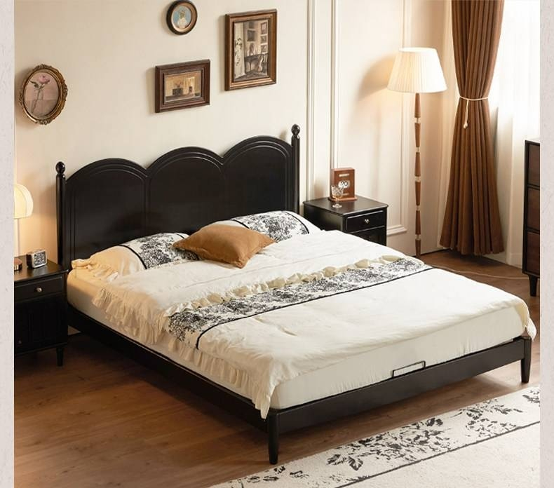 Rubberwood Solid Wood Bed — French Vintage Style, Large Slab Bed