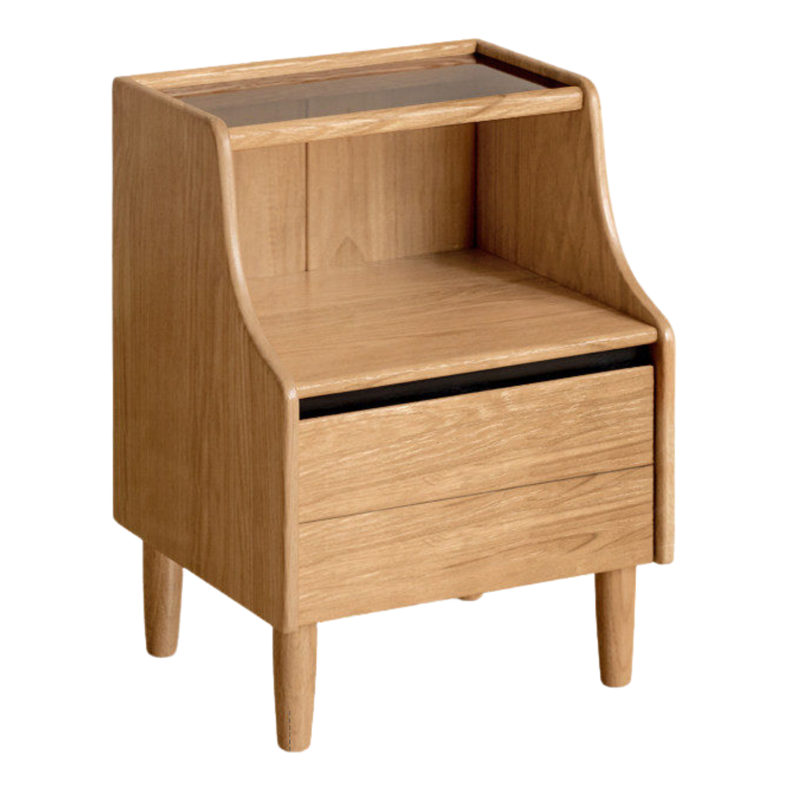 Solid RubberWood, Oak Solid Wood Nightstand with Glass Door with Storage