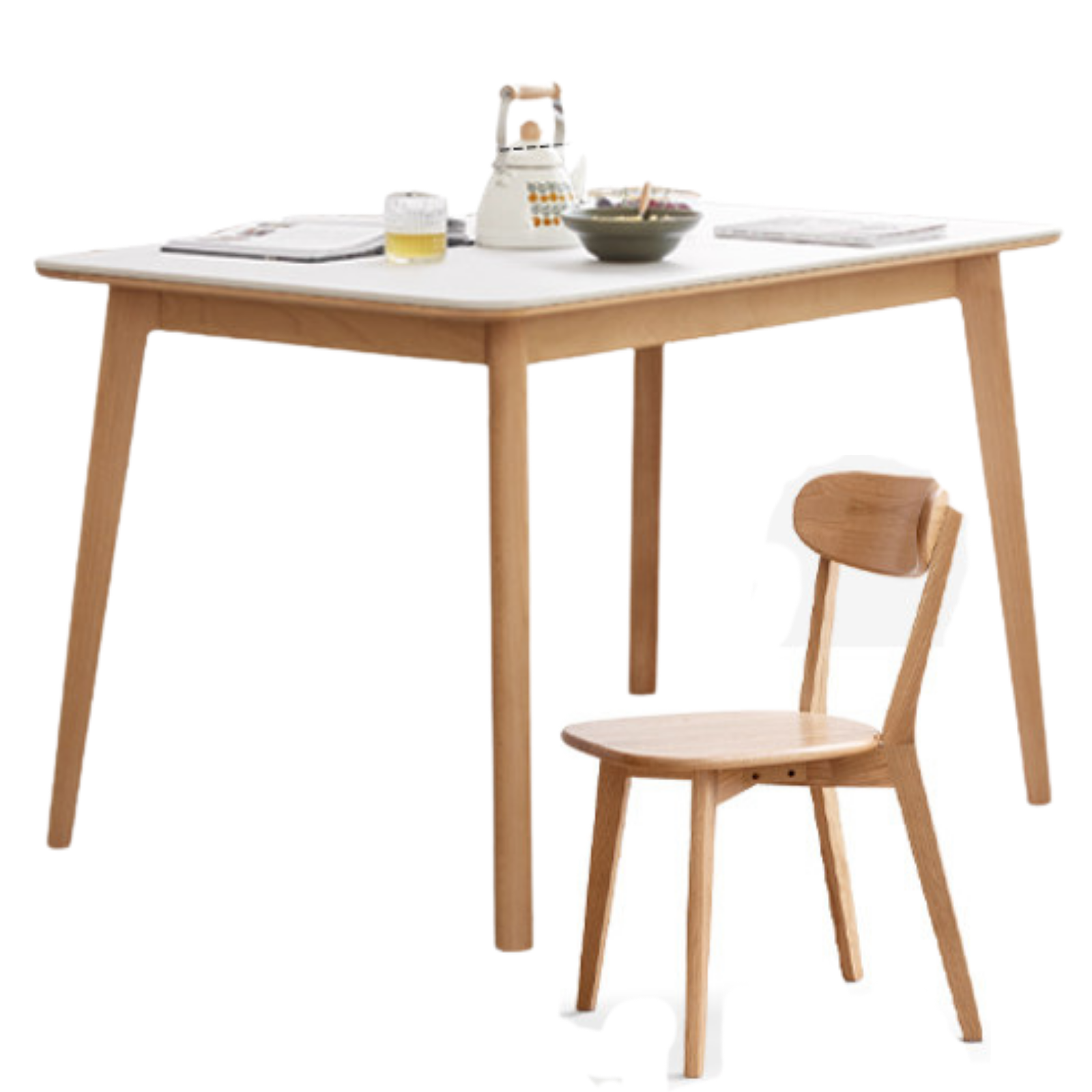 Beech, Rubberwood Solid Wood Dining Table With Rock Slab Surface