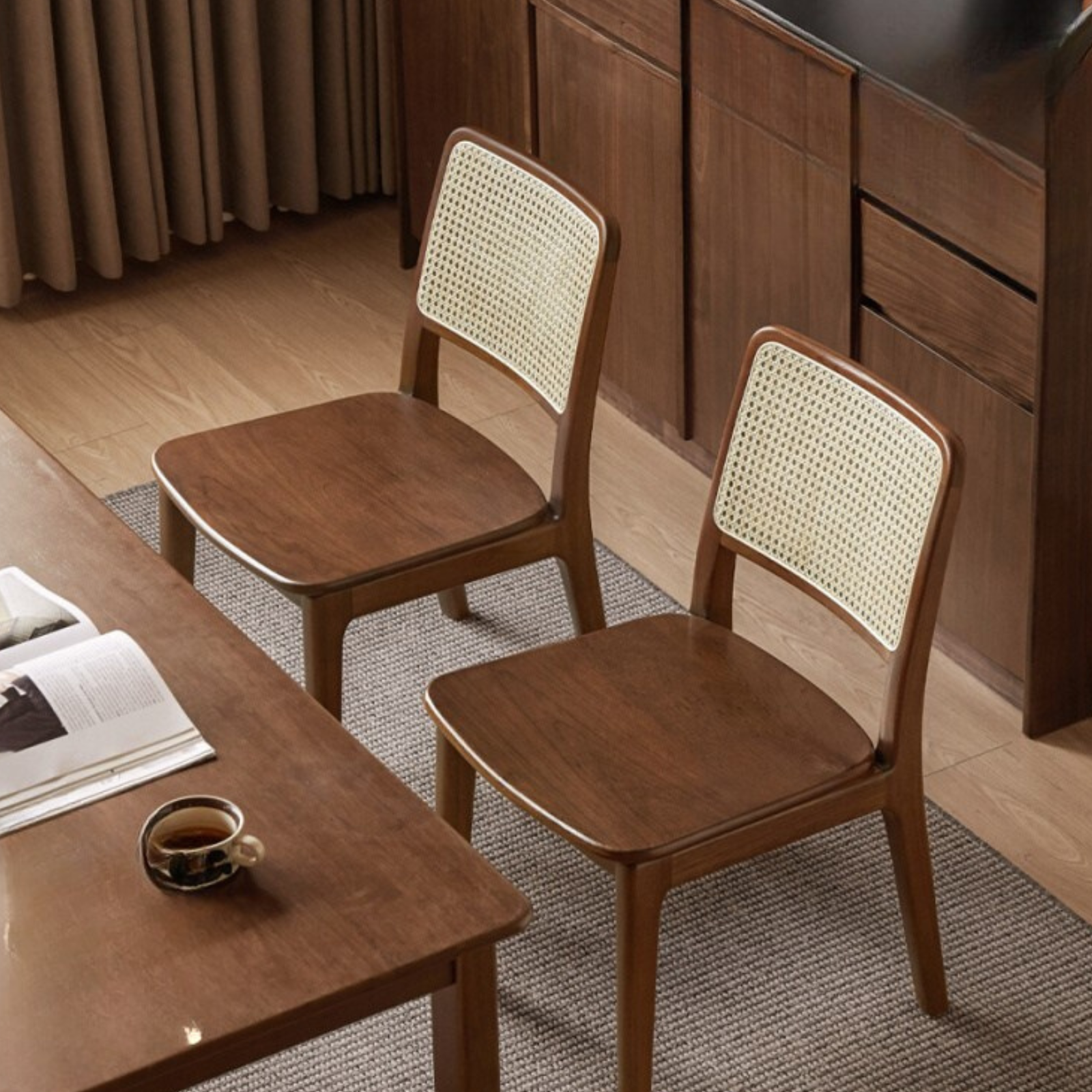 Set 4 pcs Black Walnut, Oak, Beech, Sandalwood Solid Wood Retro Rattan Chair