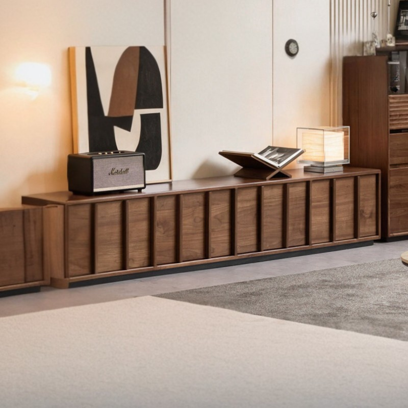 Black Walnut, Oak Solid Wood TV Cabinet with Low Platform Design and Storage