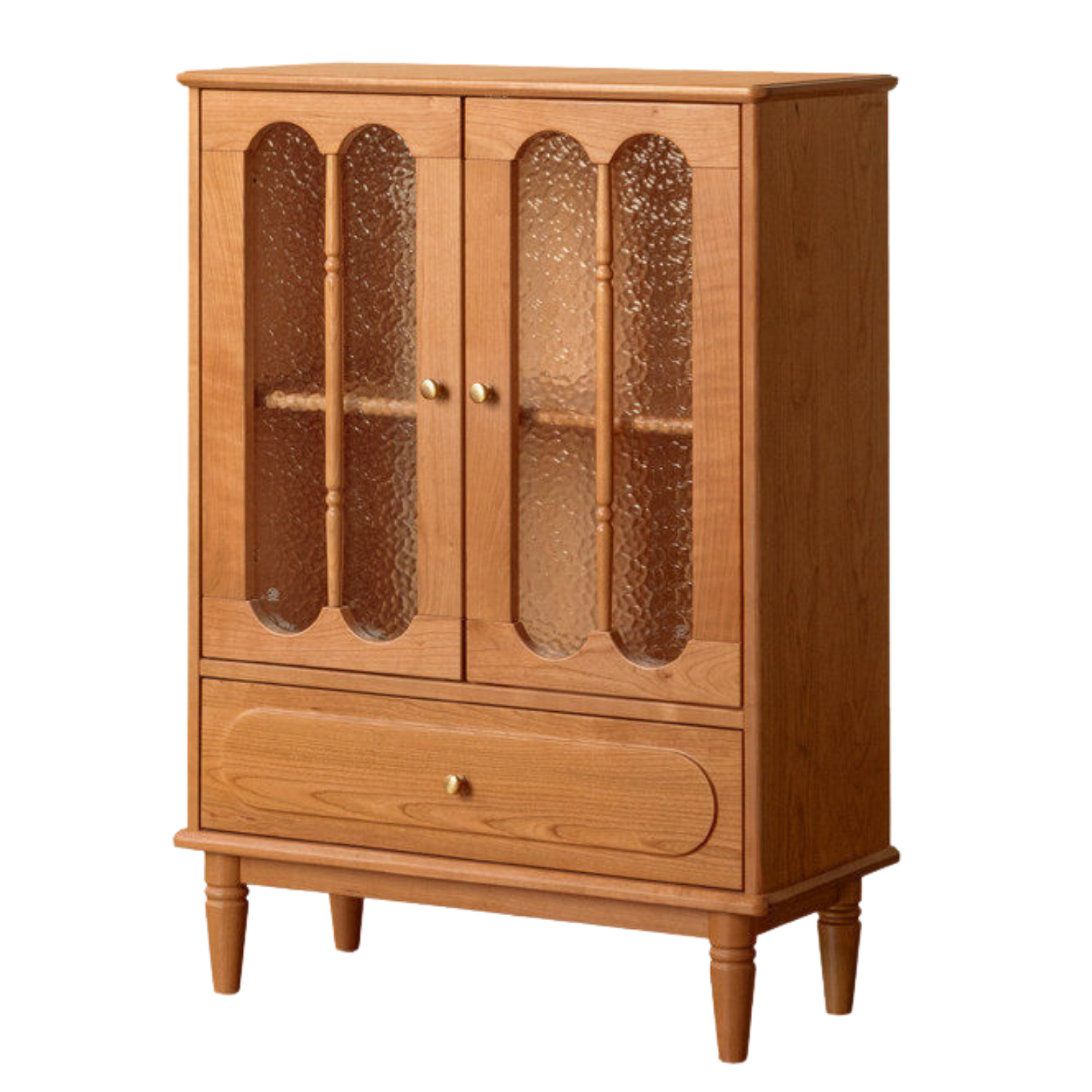 Cherry Solid Wood Side Cabinet with Glass Panels and Storage Shelves
