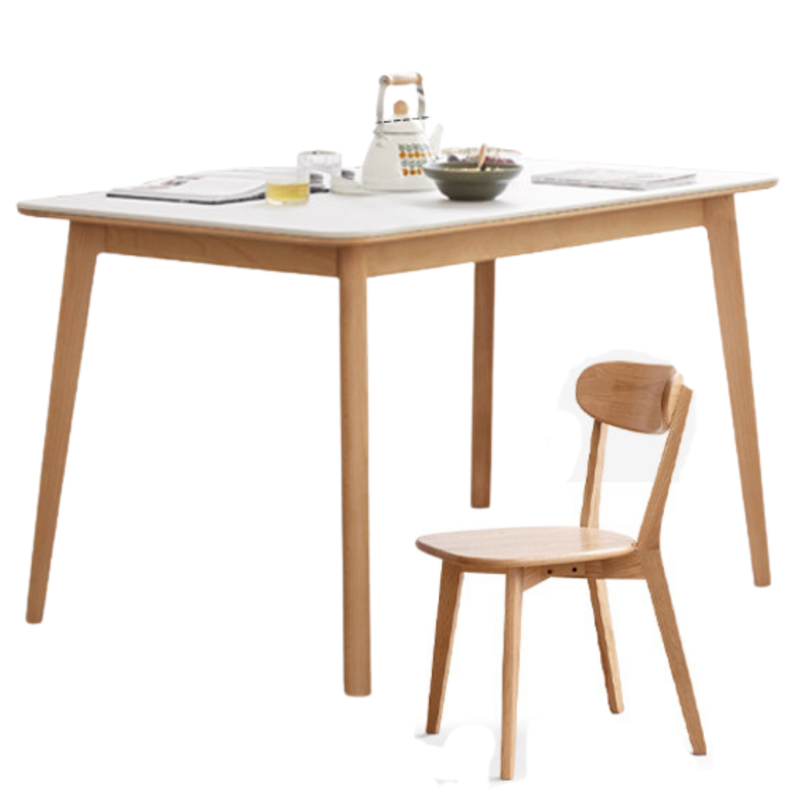 Beech, Rubberwood Solid Wood Dining Table With Rock Slab Surface