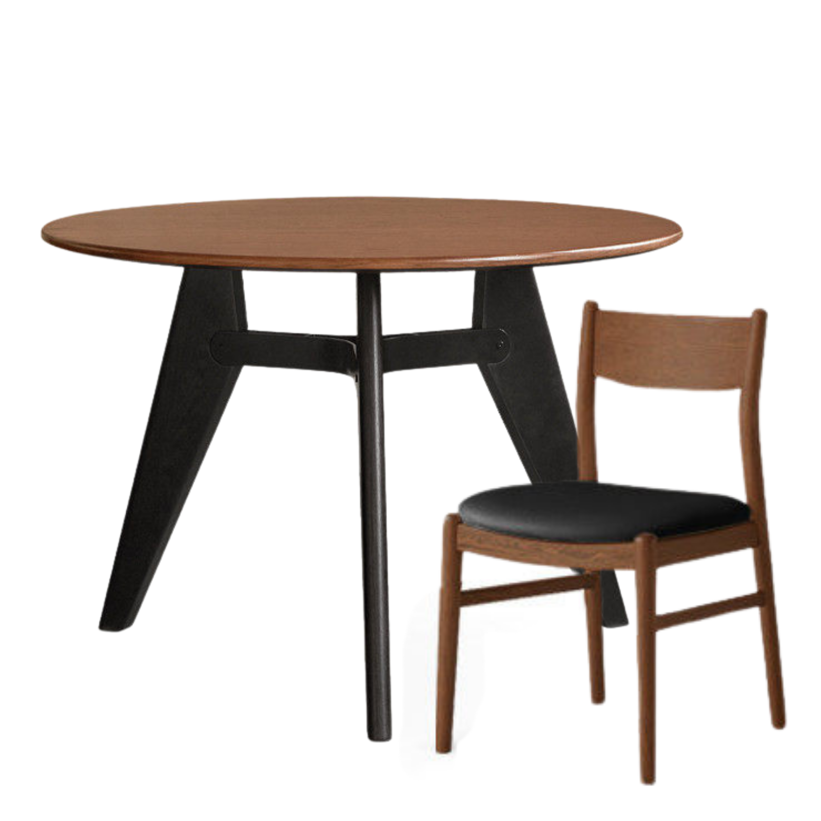 Oak Solid Wood Round Dining Table with Walnut-Stained Base