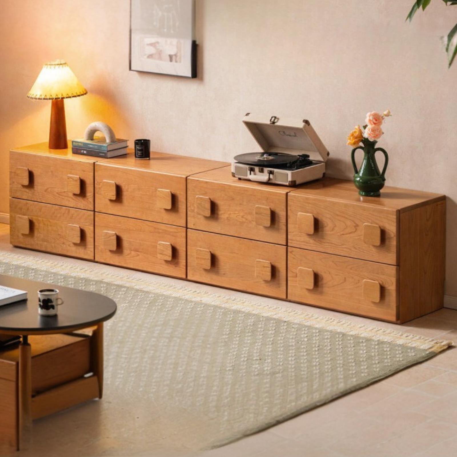 Cherry Solid Wood TV Stand with Multi-Functional Storage Modules