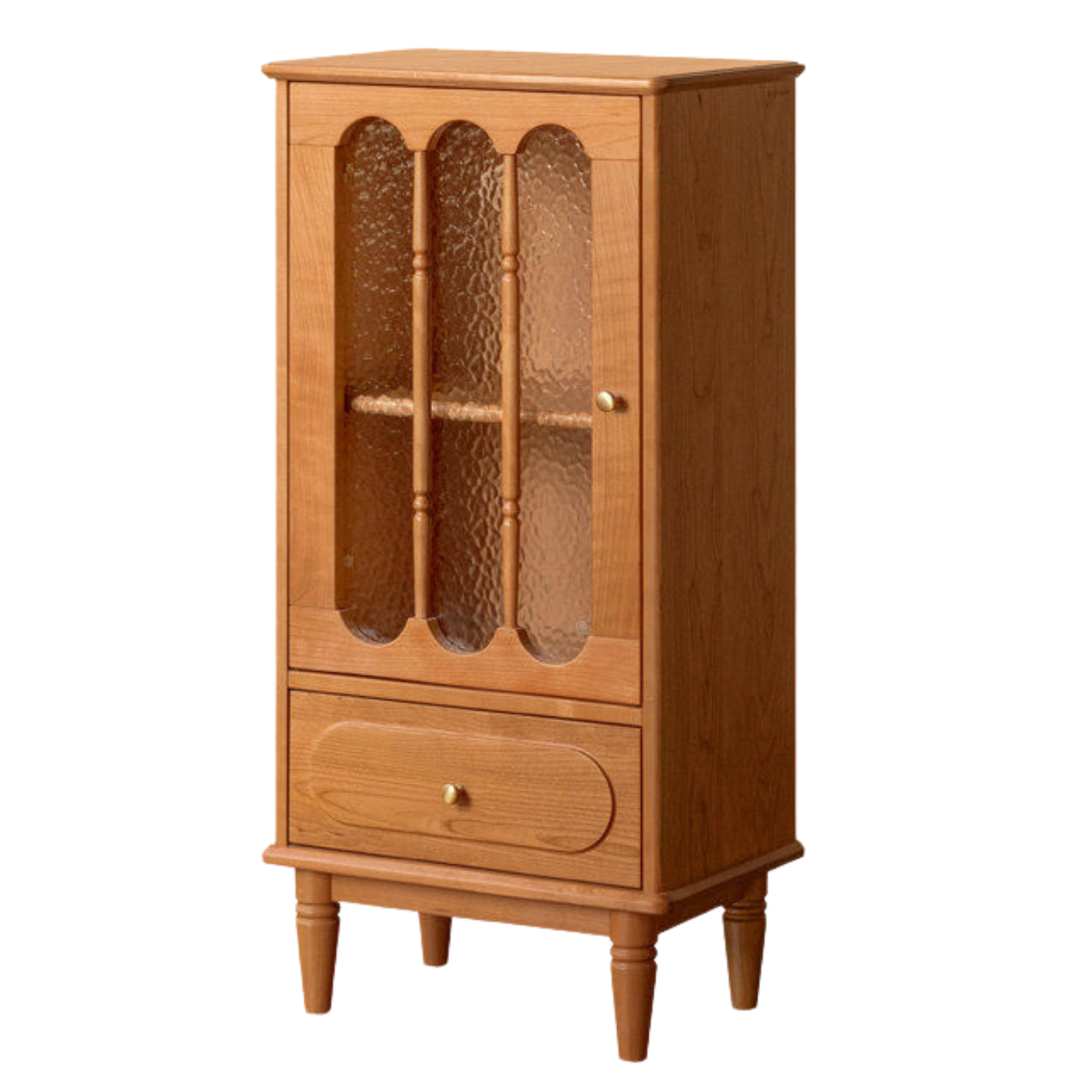 Cherry Solid Wood Side Cabinet with Glass Panels and Storage Shelves