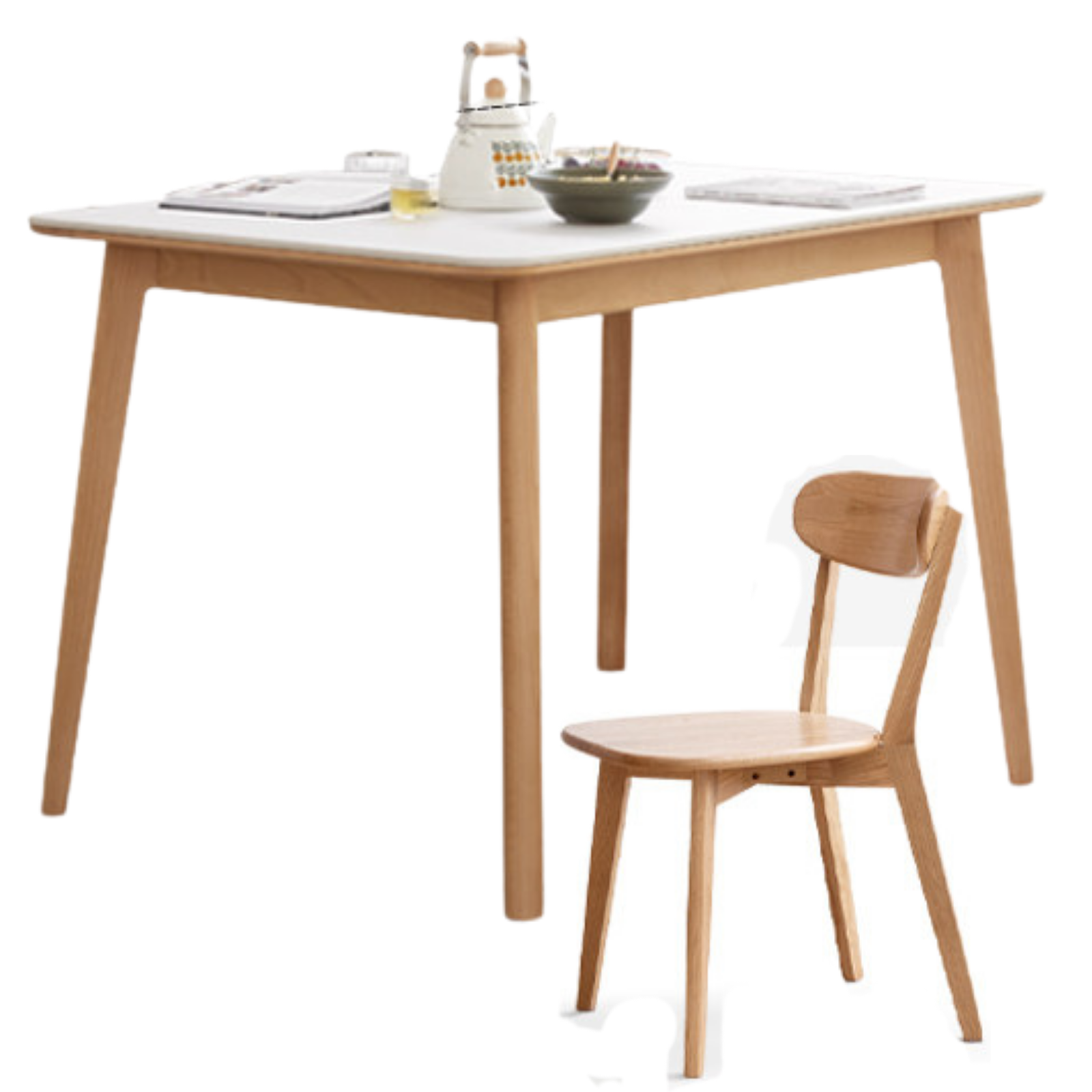 Beech, Rubberwood Solid Wood Dining Table With Rock Slab Surface