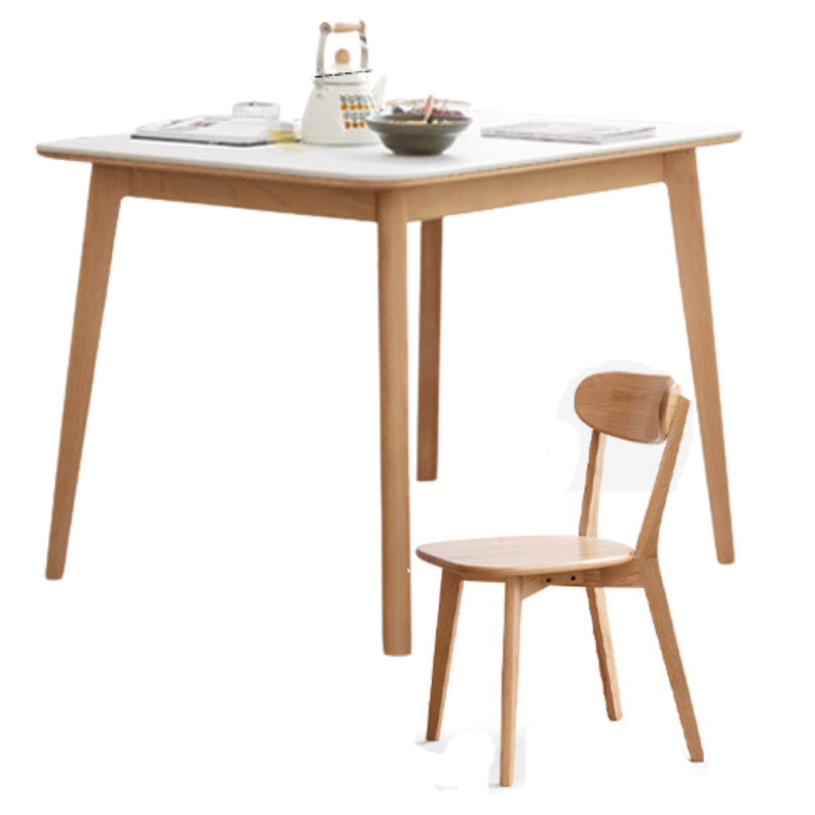 Beech, Rubberwood Solid Wood Dining Table With Rock Slab Surface