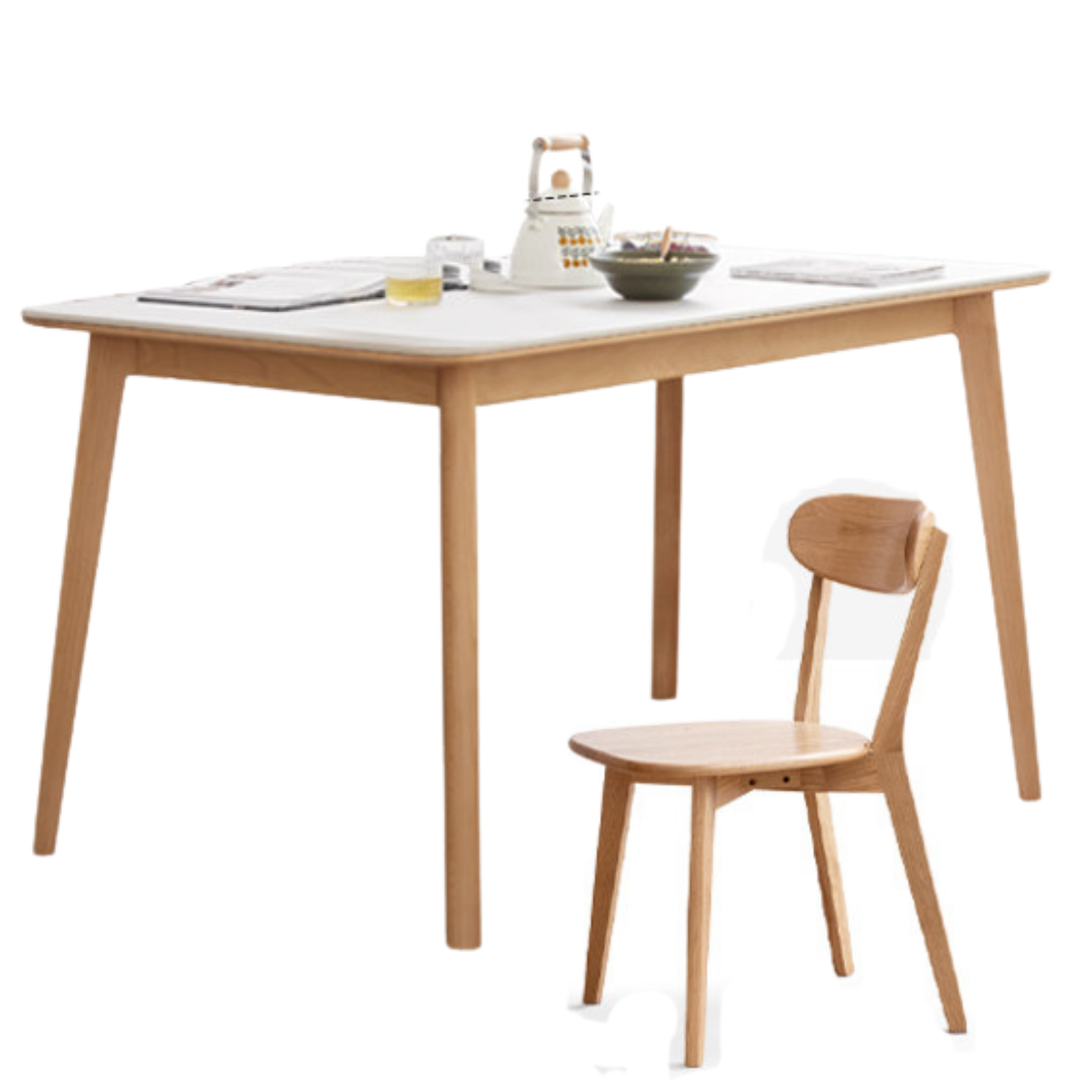 Beech, Rubberwood Solid Wood Dining Table With Rock Slab Surface