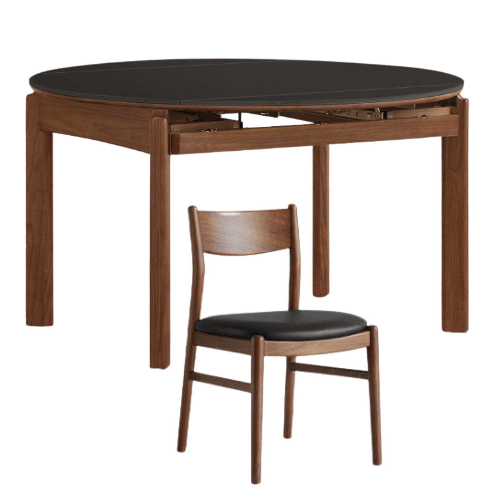 Black Walnut, Ash Solid Wood Folding Dining Table with Rock Plate Round Top