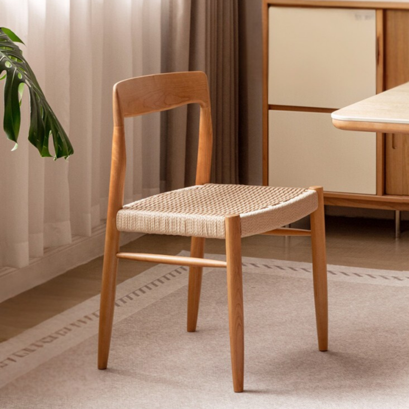 4 pcs -Cherry Solid Wood Dining Chair with Woven Cord Seat, Scandinavian Modern