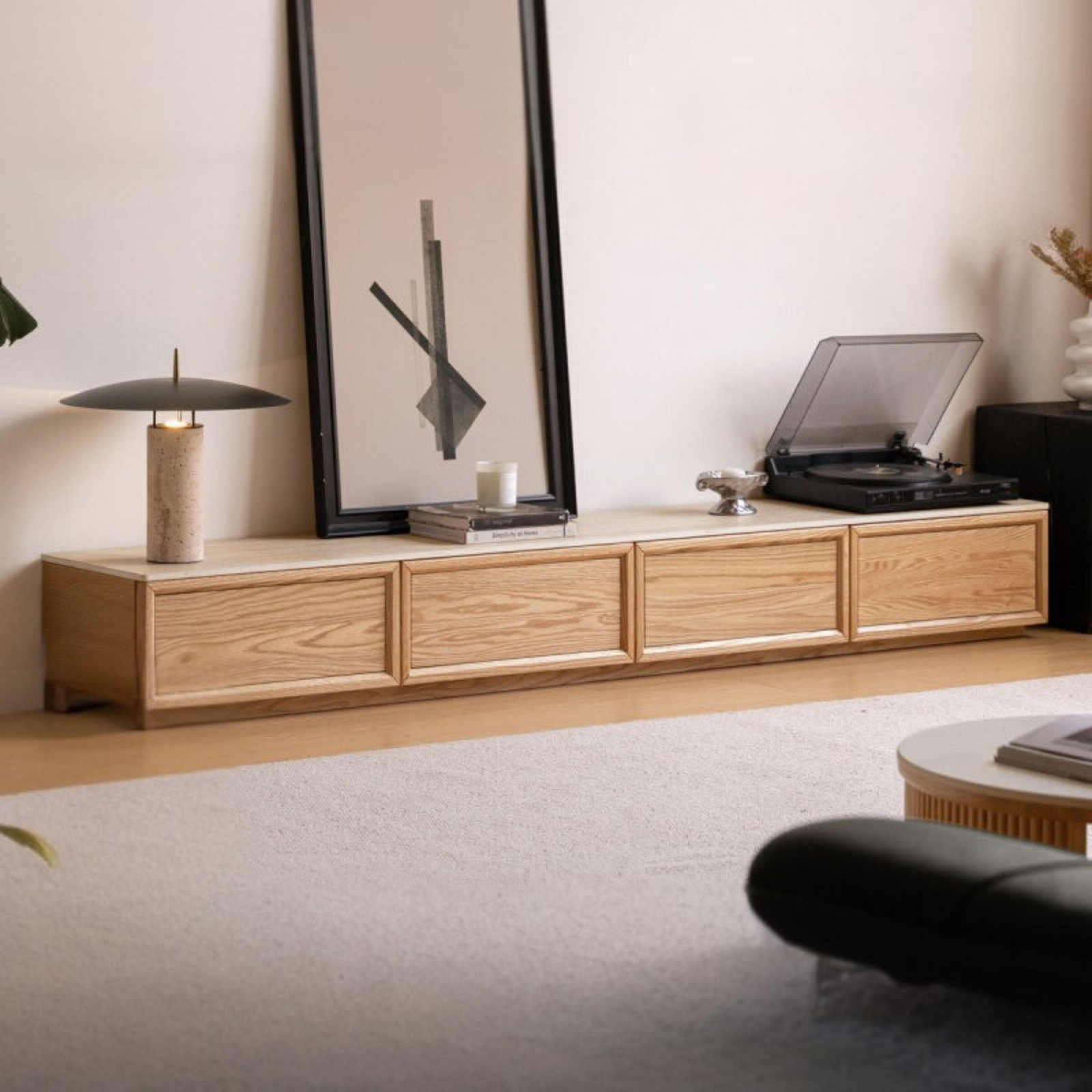 Oak Solid Wood TV Stand with Integrated Storage and Stone Top Panel