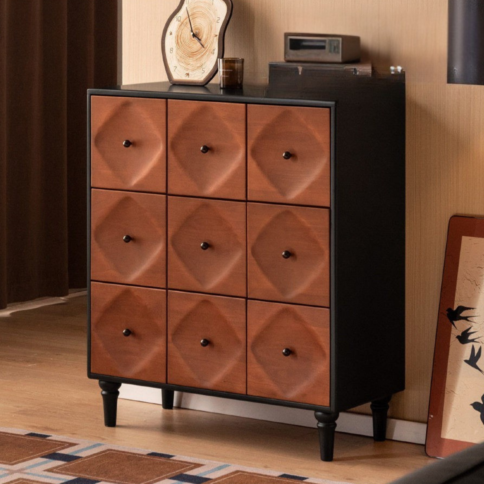 Rubberwood Solid 9-Drawer Dresser, Mid Century Bedroom Storage Cabinet