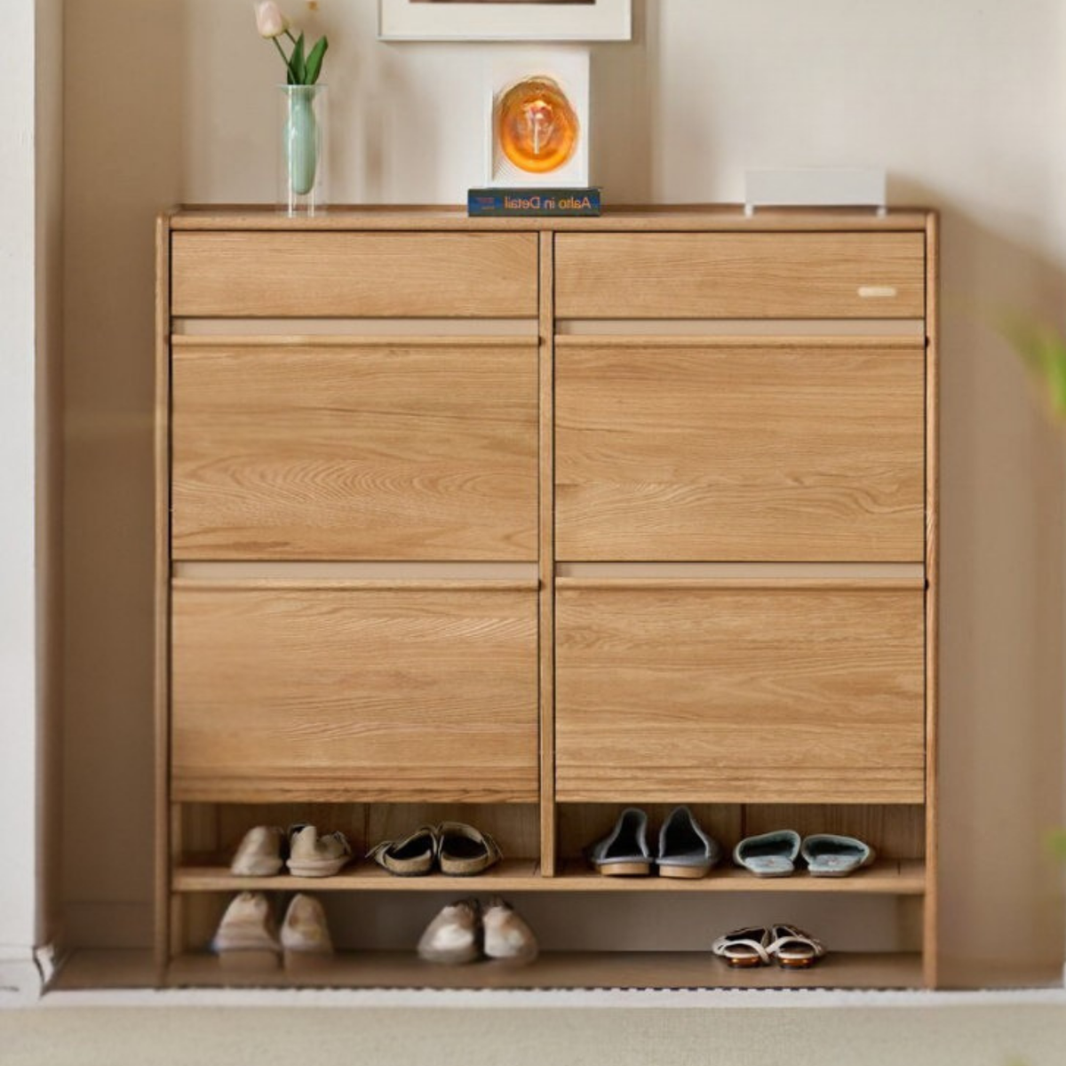 Oak Solid Wood Slim Entryway Shoe Cabinet with Tilt-Out Compartments and Drawers