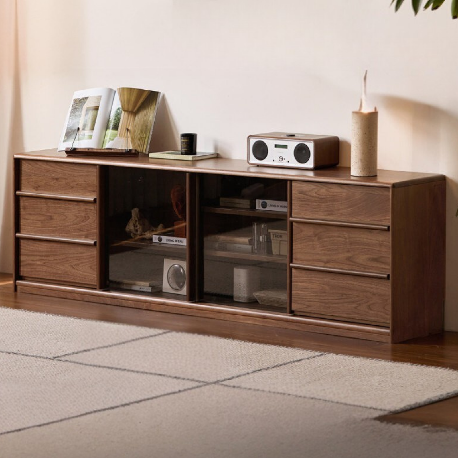 Black Walnut Solid Wood TV Cabinet with Large Storage