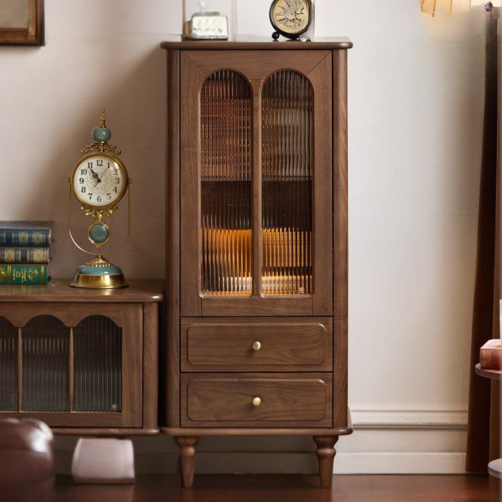 Black Walnut Solid Wood Side Cabinet with Glass Display