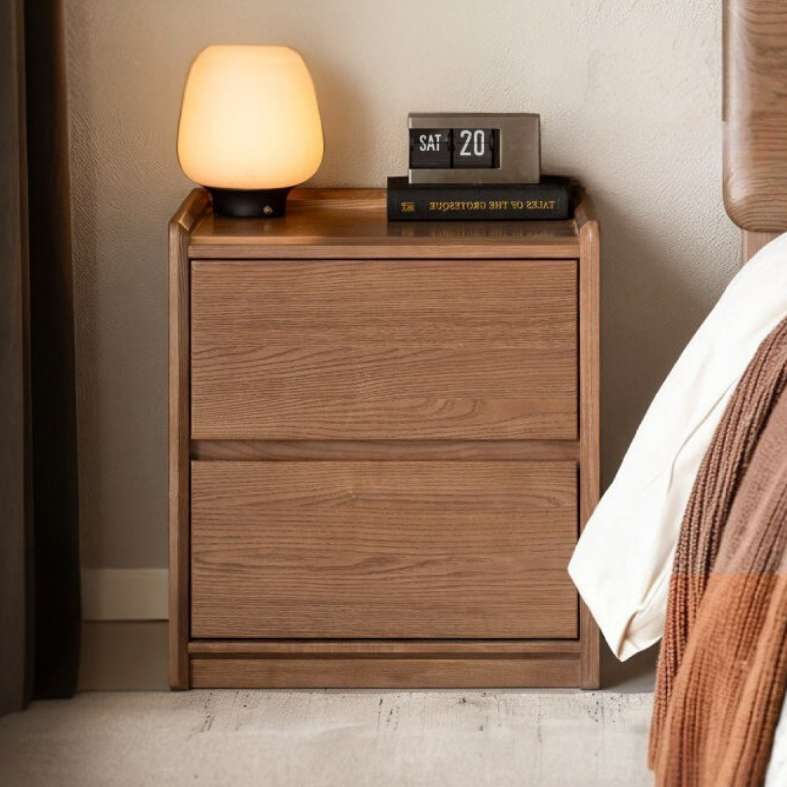 Ash Solid Wood Nightstand with Single Drawer and Open Shelf