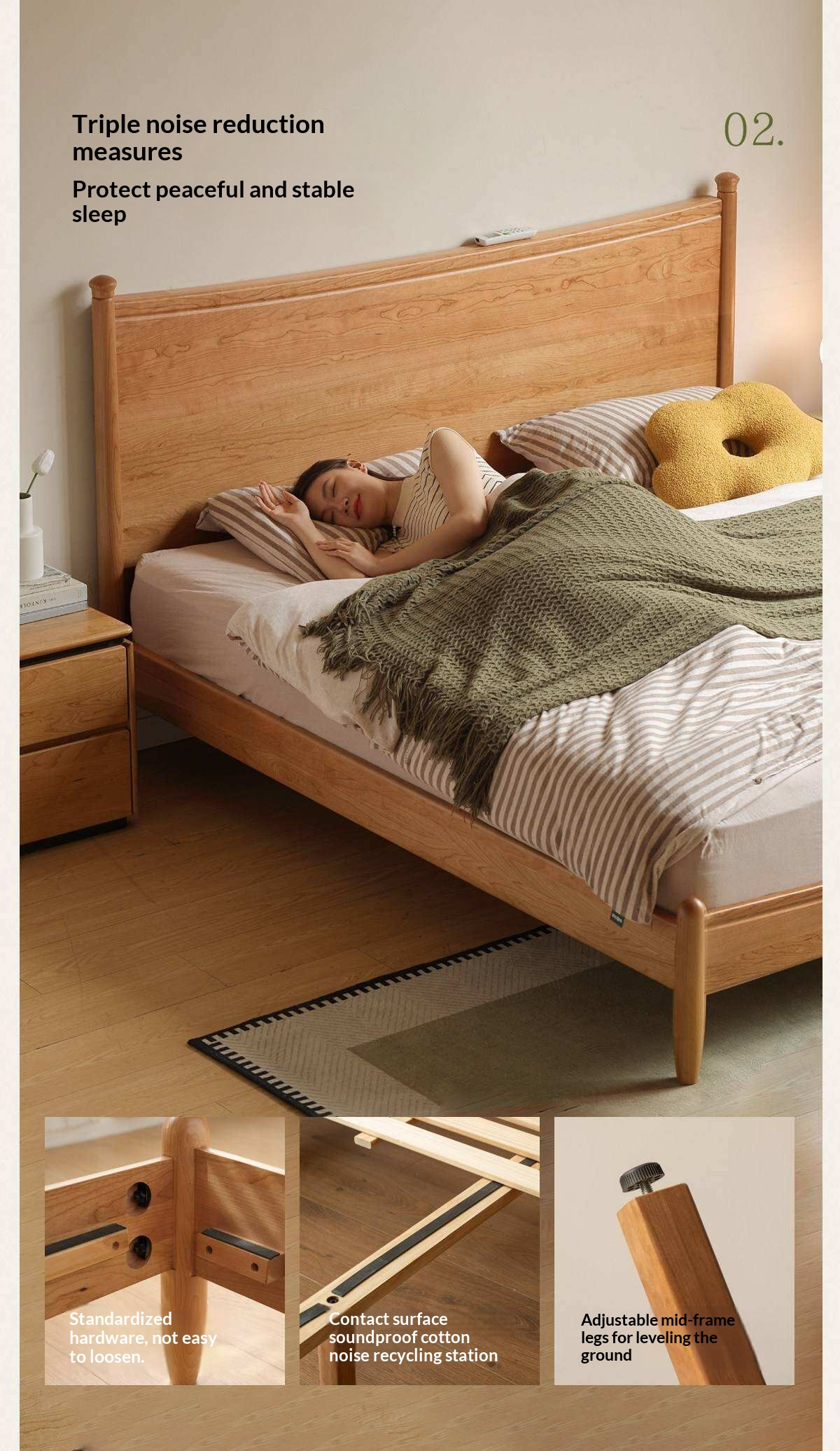 Cherry Solid Wood Nordic Platform Bed with Curved Panel Headboard