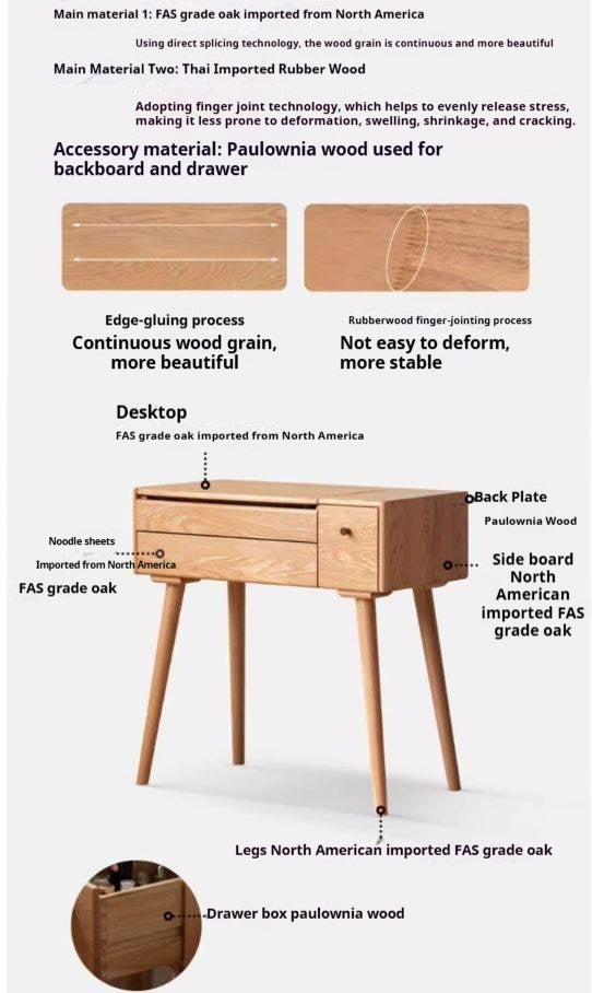 Oak Solid Wood, Solid RubberWood Vanity Table Mirror LED Touch Light.