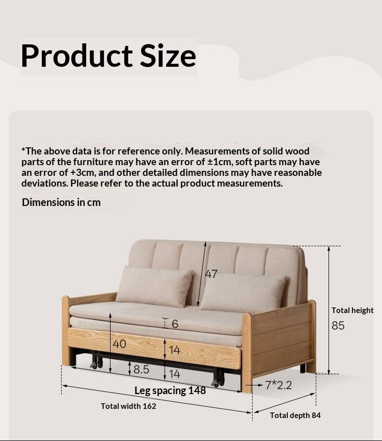 Ash, Oak Solid Wood Sleeper Sofa with Solid Wood Armrests and Built-In Wheels