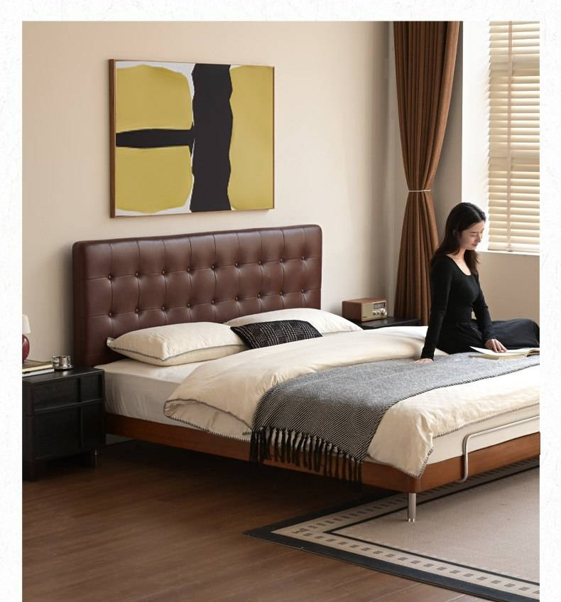 Tulipwood Solid Wood Bed — Bauhaus Style with Soft Genuine Leather Headboard